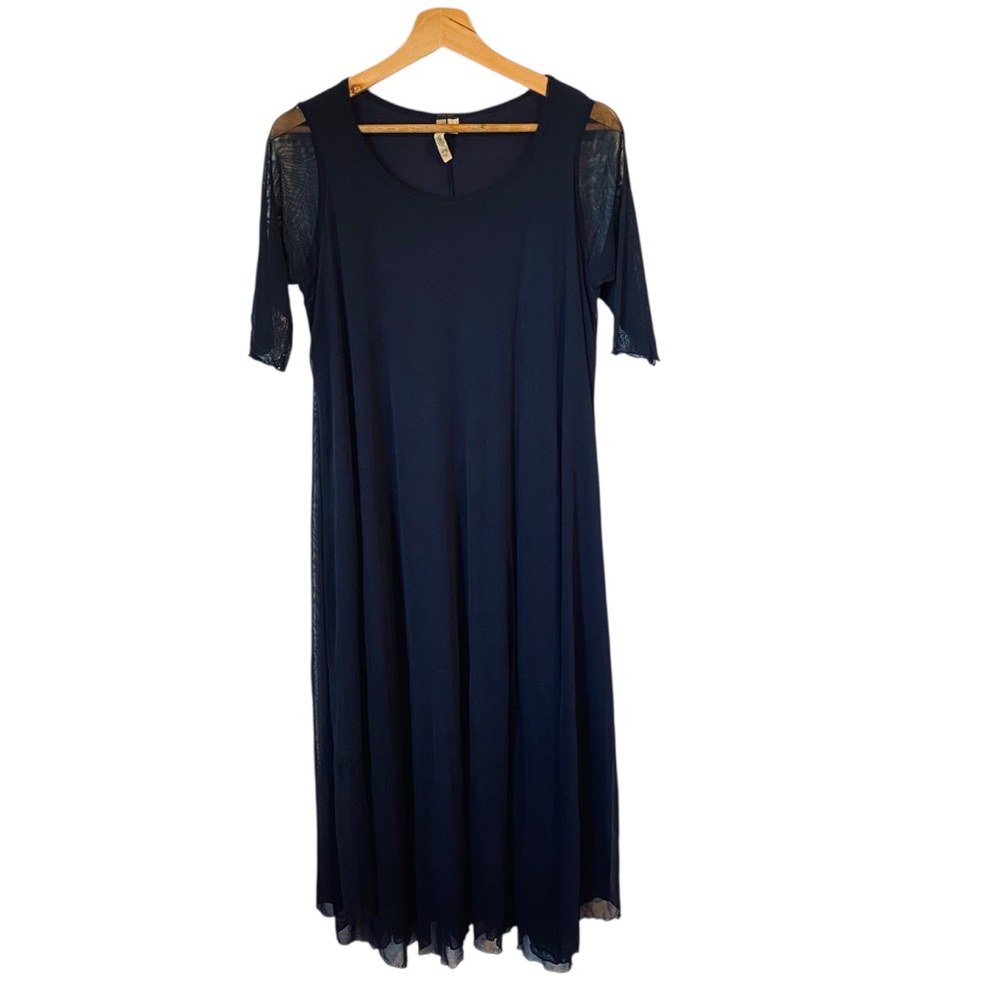 Comfy USA Womens Small Midi Dress Dark Blue Lagenlook Crinkle Flowy Fairy S